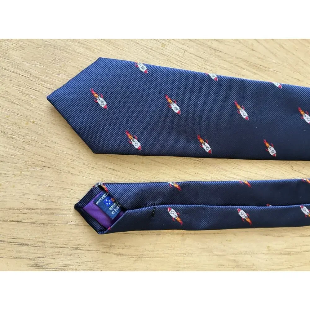 Men's Rocket Space Ship Skinny Tie Navy Blue Novelty NASA Cosmic Retro Moon